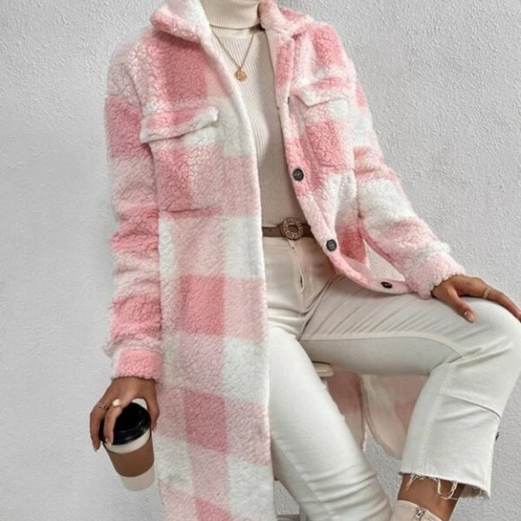 Plaid Flap Pocket cozy comfy Teddy Coat Shacket Pink - Picture 7 of 7